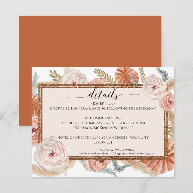 Blumenpampas Foliage Burnt Orange Hochzeitdetails Einladung (Vorne/Hinten)