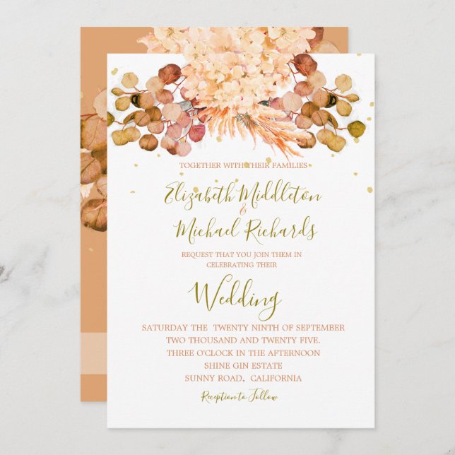 Blumenpampas Grass Foliage Orange Elegante Hochzei Einladung (Vorne/Hinten)