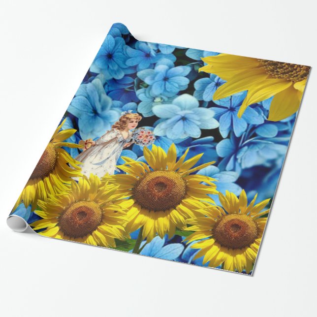 Blumenpapier, blauer Sonnenblume Geschenkpapier (Ungerollt)