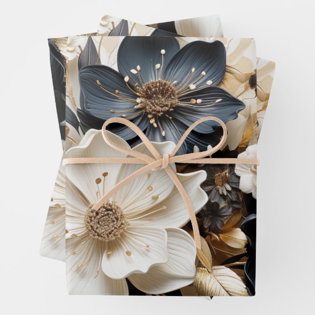 Blumenpapier Gold Blue White Geschenkpapier Set (Beispiel)