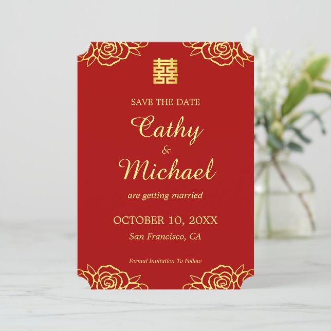 Blumenpapiere Rose Rot und Gold Chinesische Hochze Save The Date (Stehend Vorderseite)