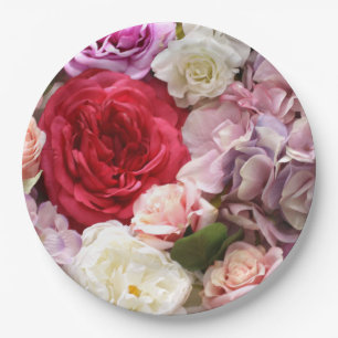 Blumenpapierplatten mit Rosen und Hortensien Pappteller