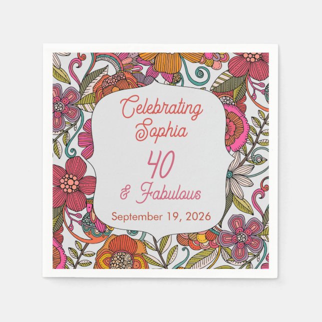 Blumenparty-Teller 40. Geburtstag Serviette (Vorderseite)