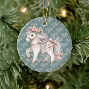 Blumenpastell-Pferde-Fantasy-Illlustrations-Würfel Keramik Ornament