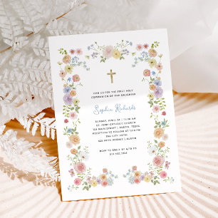 Blumenpastellrahmen und Goldkreuz Erste Kommunion Einladung