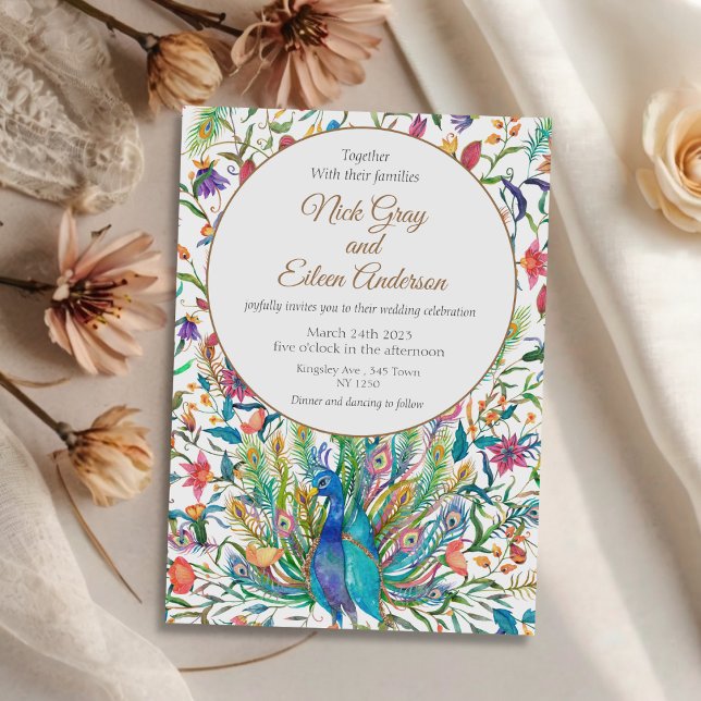 Blumenpfau & Feather Wedding Einladung (Floral Peacock Feather Wedding Invite)
