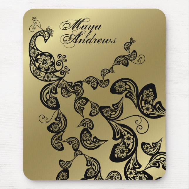 Blumenpfau-Muster-Goldkundenspezifisches Geschenk Mousepad (Vorne)