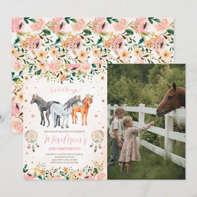 Blumenpferd Geburtstags-Foto Einladung (Vorne/Hinten)