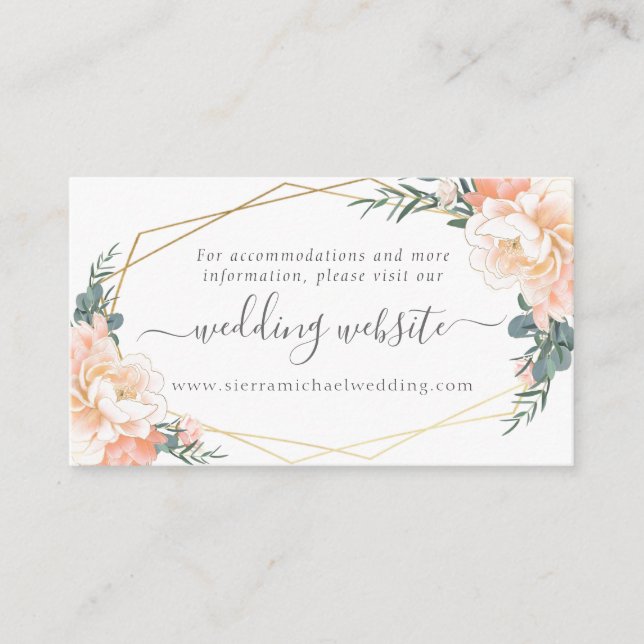 Blumenpfirsichcreme Gold Dusty Blue Wedding Websit Begleitkarte (Vorderseite)