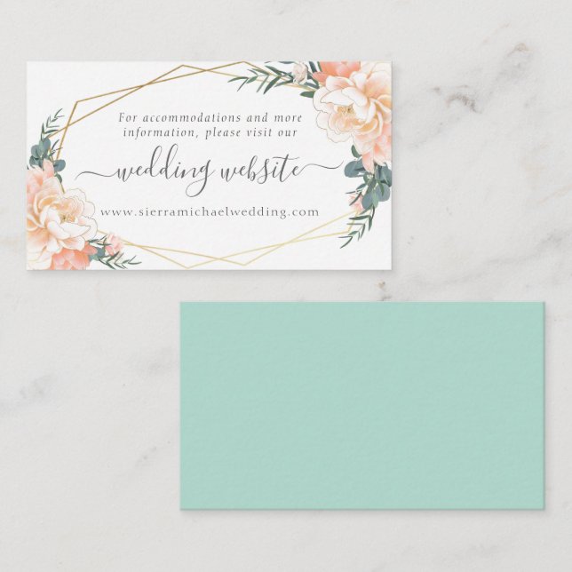 Blumenpfirsichcreme Gold Mint Green Wedding Websit Begleitkarte (Vorne/Hinten)