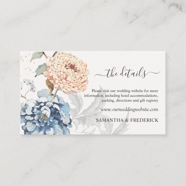 Blumenpfirsiche Blush Blue Hochzeitdetails Begleitkarte (Vorderseite)