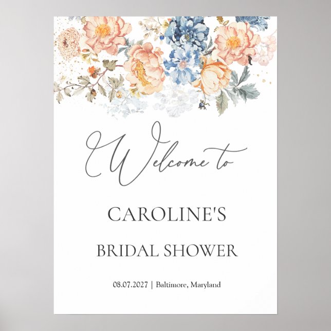 Blumenpfirsichzeichen Blush Blue Brautparty Poster (Vorne)