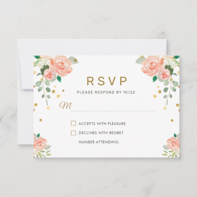 Blumenpionie und Gold Confetti Klassik Elegantes A RSVP Karte (Vorderseite)