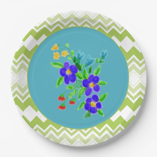Blumenplatten mit Türkis und Limette Pappteller (Vorderseite)