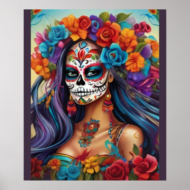 Blumenplendor im Zuckerschädel Poster (Vorne)