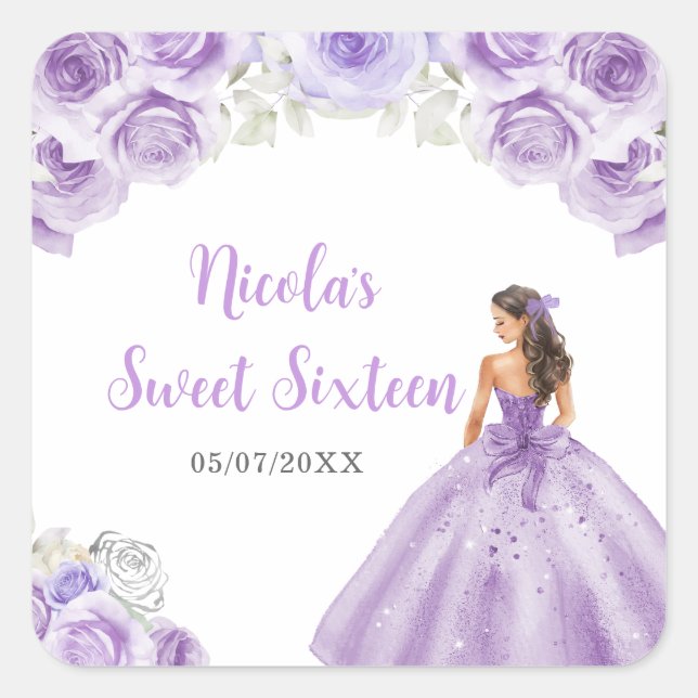 BlumenPrinzessin im Lila Kleid 16 . Geburtstag Quadratischer Aufkleber (Vorderseite)
