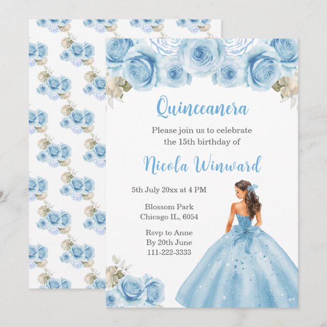 BlumenPrinzessin in blauem Kleid Quinceanera Einladung (Vorne/Hinten)