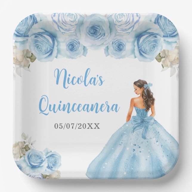 BlumenPrinzessin in blauem Kleid Quinceanera Pappteller (Vorderseite)