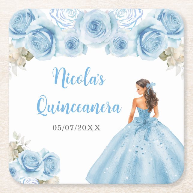BlumenPrinzessin in blauem Kleid Quinceanera Rechteckiger Pappuntersetzer (Vorderseite)