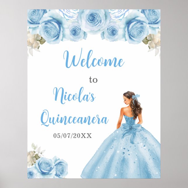 BlumenPrinzessin in blauem Kleid Quinceanera Willk Poster (Vorne)