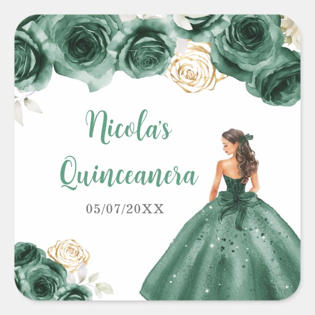 BlumenPrinzessin in dunkelgrünem Kleid Quinceanera Quadratischer Aufkleber (Vorderseite)