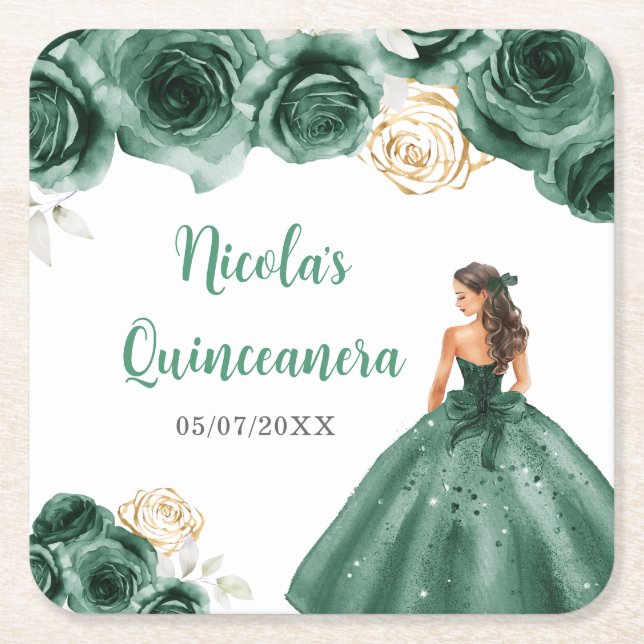 BlumenPrinzessin in dunkelgrünem Kleid Quinceanera Rechteckiger Pappuntersetzer (Vorderseite)