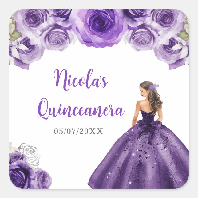 BlumenPrinzessin in dunklem Lila Kleid Quinceanera Quadratischer Aufkleber (Vorderseite)