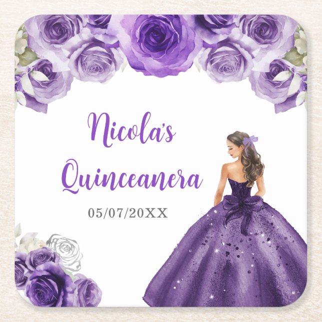 BlumenPrinzessin in dunklem Lila Kleid Quinceanera Rechteckiger Pappuntersetzer (Vorderseite)