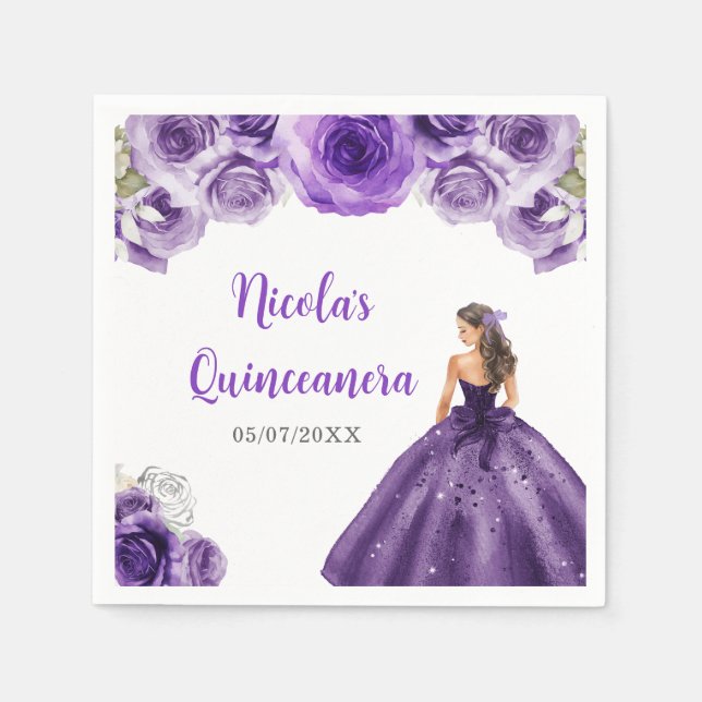 BlumenPrinzessin in dunklem Lila Kleid Quinceanera Serviette (Vorderseite)