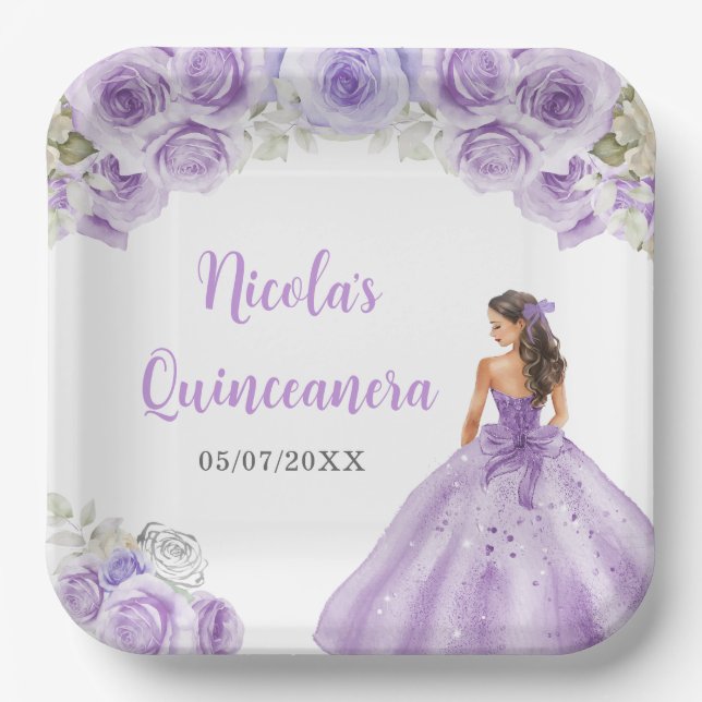 BlumenPrinzessin in Dusty Lila Dress Quinceanera Pappteller (Vorderseite)
