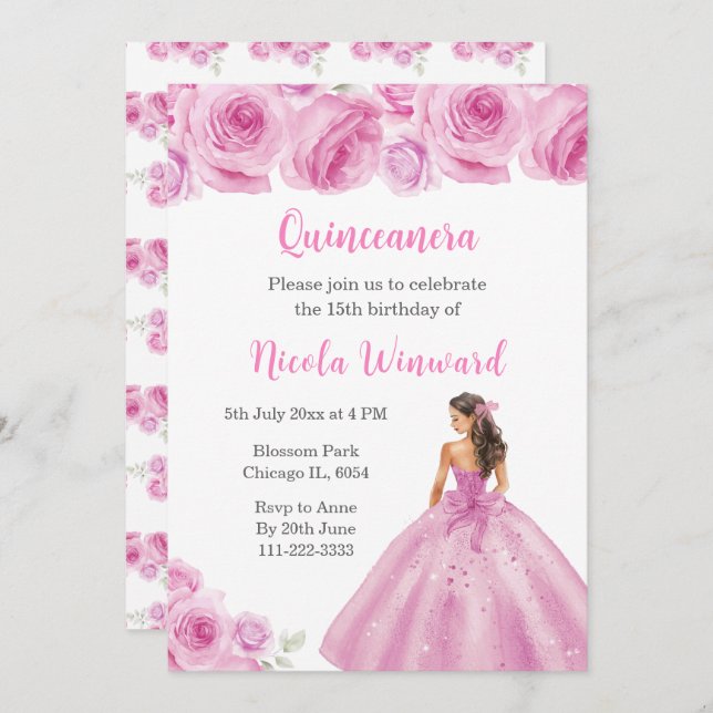 BlumenPrinzessin in hellrosa Kleid Quinceanera Einladung (Vorne/Hinten)
