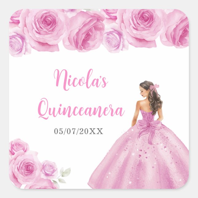 BlumenPrinzessin in hellrosa Kleid Quinceanera Quadratischer Aufkleber (Vorderseite)