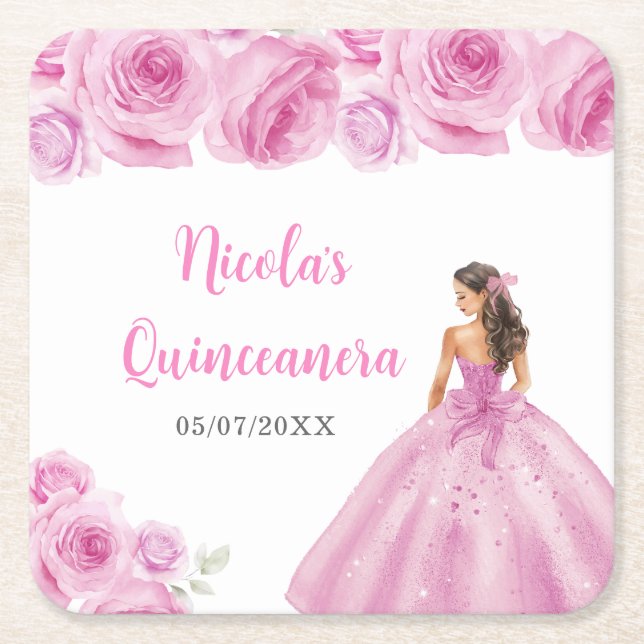 BlumenPrinzessin in hellrosa Kleid Quinceanera Rechteckiger Pappuntersetzer (Vorderseite)