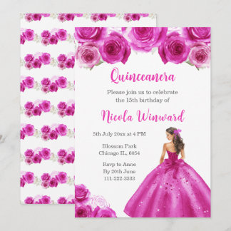BlumenPrinzessin in Hot Pink Dress Quinceanera Einladung