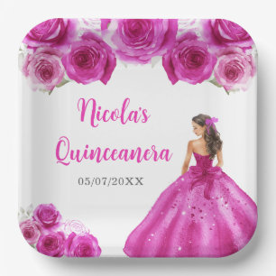 BlumenPrinzessin in Hot Pink Dress Quinceanera Pappteller