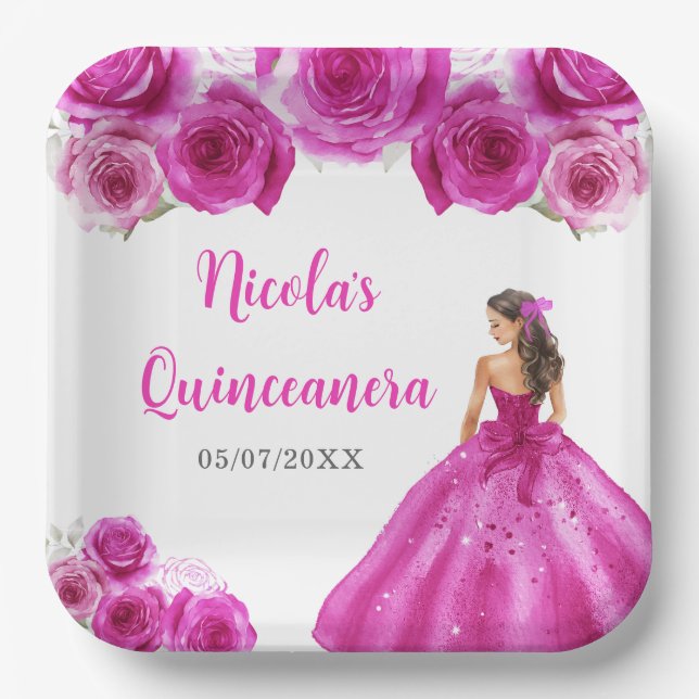 BlumenPrinzessin in Hot Pink Dress Quinceanera Pappteller (Vorderseite)