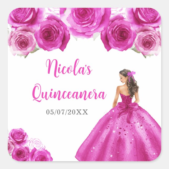 BlumenPrinzessin in Hot Pink Dress Quinceanera Quadratischer Aufkleber (Vorderseite)