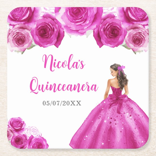 BlumenPrinzessin in Hot Pink Dress Quinceanera Rechteckiger Pappuntersetzer (Vorderseite)