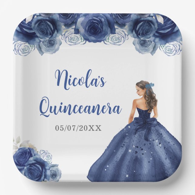 BlumenPrinzessin in Navy Blue Dress Quinceanera Pappteller (Vorderseite)