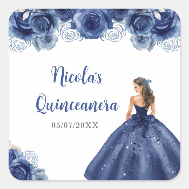 BlumenPrinzessin in Navy Blue Dress Quinceanera Quadratischer Aufkleber (Vorderseite)