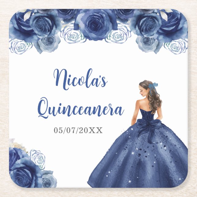 BlumenPrinzessin in Navy Blue Dress Quinceanera Rechteckiger Pappuntersetzer (Vorderseite)