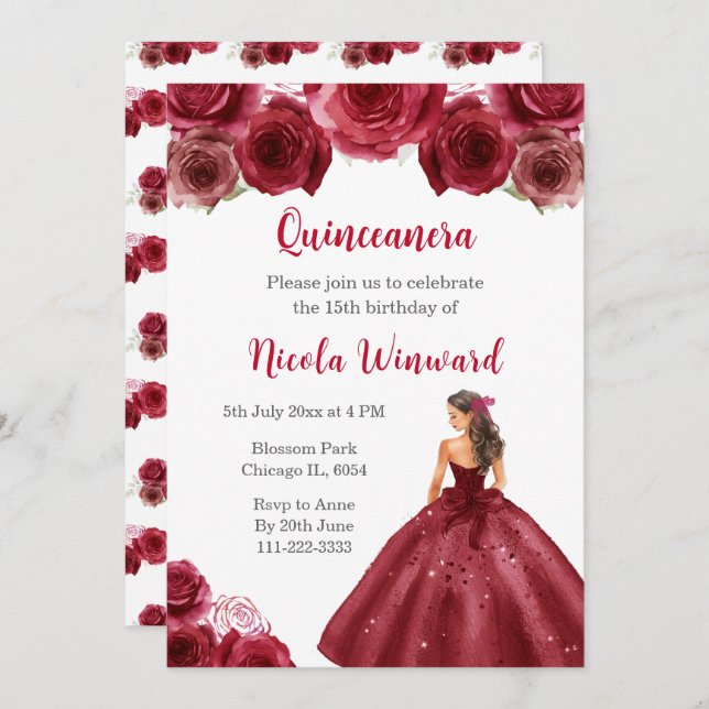 BlumenPrinzessin in Rotem Kleid Quinceanera Einladung (Vorne/Hinten)