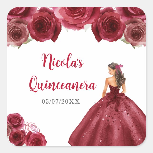 BlumenPrinzessin in Rotem Kleid Quinceanera Quadratischer Aufkleber (Vorderseite)