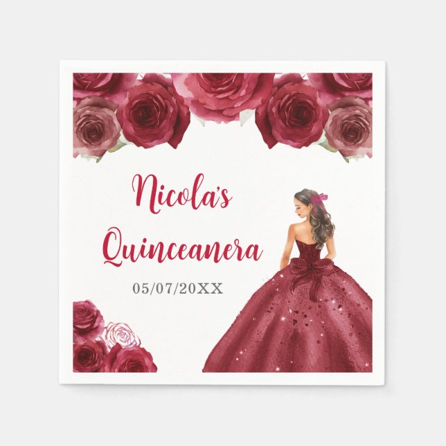 BlumenPrinzessin in Rotem Kleid Quinceanera Serviette (Vorderseite)