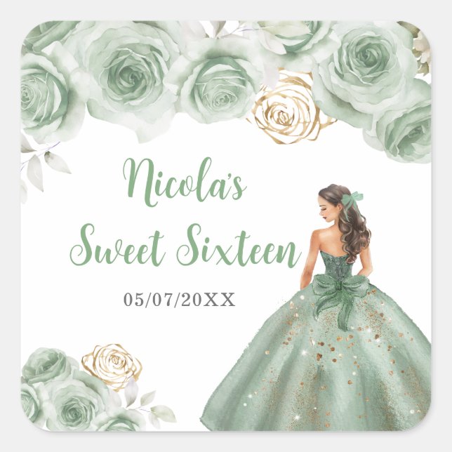 BlumenPrinzessin in Sage Green Dress 16 . Geburtst Quadratischer Aufkleber (Vorderseite)