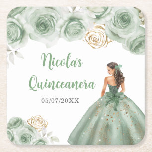 BlumenPrinzessin in Sage Green Dress Quinceanera Rechteckiger Pappuntersetzer