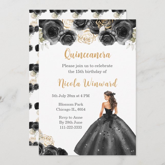 BlumenPrinzessin in Schwarz-Kleid Quinceanera Einladung (Vorne/Hinten)