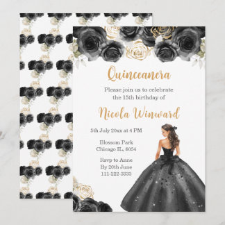 BlumenPrinzessin in Schwarz-Kleid Quinceanera Einladung
