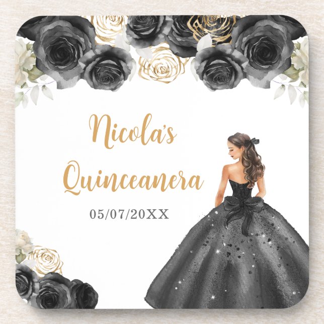 BlumenPrinzessin in Schwarz-Kleid Quinceanera Getränkeuntersetzer (Vorderseite)