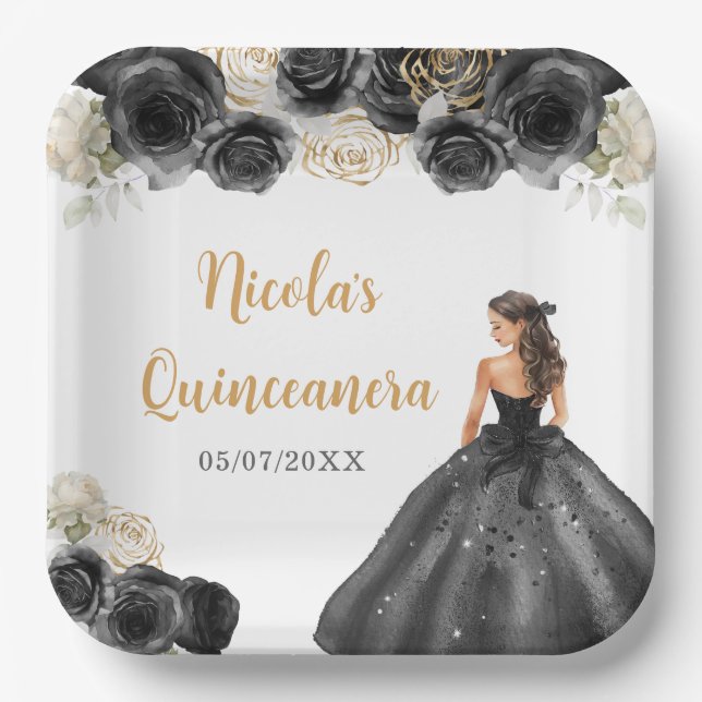 BlumenPrinzessin in Schwarz-Kleid Quinceanera Pappteller (Vorderseite)